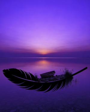 UsVA7g5Ihrw_NDgLPFmxf_y5YtLu1m.webp A twilight shoreline in violet, indigo and amber where the curve of the sand and its shadow form the shape of a feather.