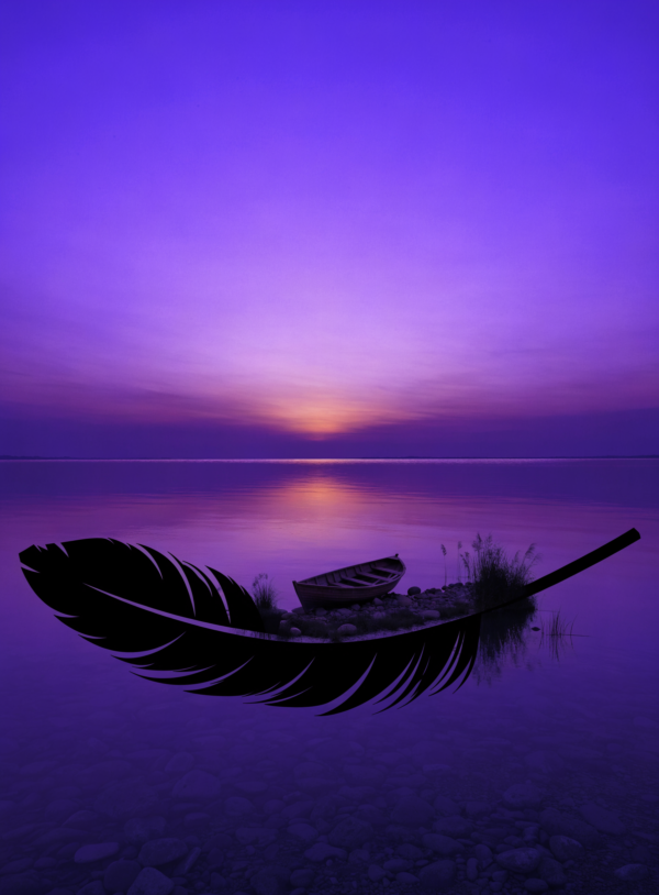 UsVA7g5Ihrw_NDgLPFmxf_y5YtLu1m.webp A twilight shoreline in violet, indigo and amber where the curve of the sand and its shadow form the shape of a feather.