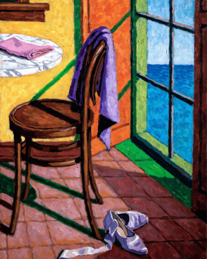 Flat Fauve still life of dancing shoes with a loose ribbon under a pushed-back cafe chair, a green shadow on the floor, a table with a glass, and a cobalt window onto the sea.