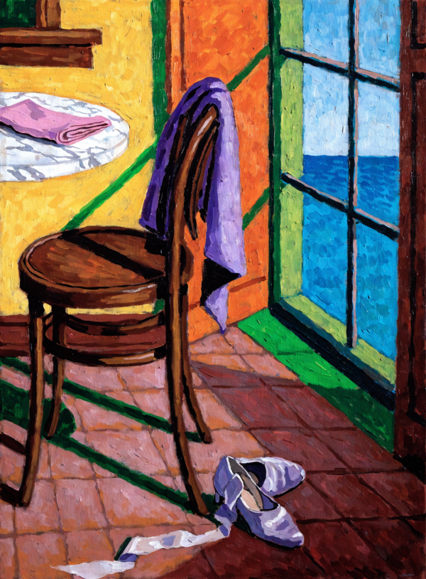 Flat Fauve still life of dancing shoes with a loose ribbon under a pushed-back cafe chair, a green shadow on the floor, a table with a glass, and a cobalt window onto the sea.