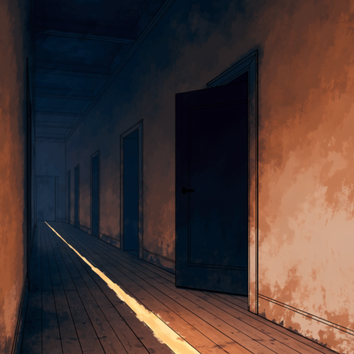 A flat, dusk-toned corridor in violet-grey and slate with a warm ember horizon at the far end and a hard-edged diagonal stripe of golden light across the floor with no visible source. A flat, dusk-toned corridor in violet-grey and slate with a warm ember horizon at the far end and a hard-edged diagonal stripe of golden light across the floor with no visible source.