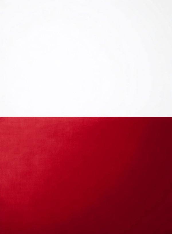 aDx6LuXb9M7Nk87yXJVko_ZphDv58d.webp A tall two-part colour field artwork: a warm red plane meeting a cool white plane along a single hard horizontal edge set above centre.