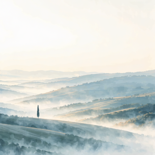 A vertical Tuscan landscape of morning haze over low hills, with a pale sky graduating from cool pearl into warm butter yellow and a single dark cypress on the horizon.