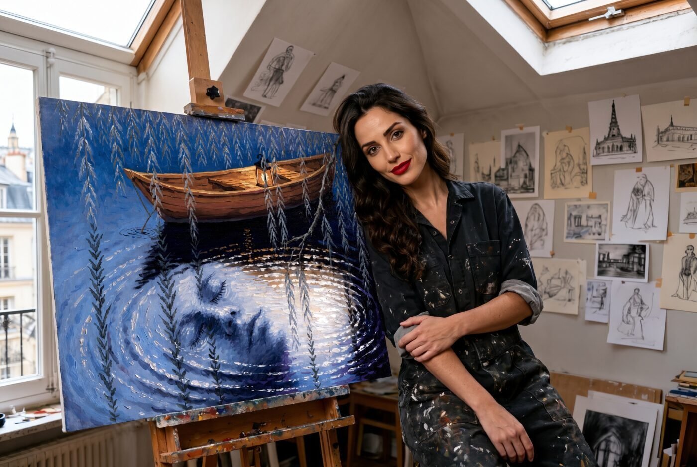 Carmen Delacroix with Willow Sleeping Below in the studio