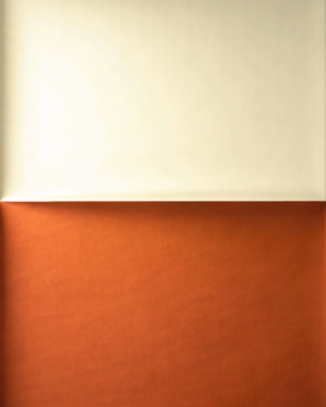 A vertical colour-field artwork with a pale warm cream plane above a flat terracotta plane, meeting along a single clean horizontal edge.
