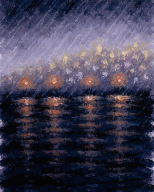 A harbour at dusk in broad washes of orange and violet, with lamp light reflected as soft smears across dark, open water under moving rain.