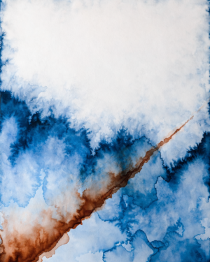 Abstract painting of thin blue and sienna washes bleeding into one another, a diagonal stroke running off the edge of the frame, with one upper corner left bare.