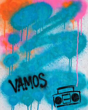 Overlapping spray fields of turquoise, sunset orange, purple and hot pink on a plain wall with drips, a boombox drawn in thick black line near the lower edge, and the word VAMOS hand-lettered small and off-centre.