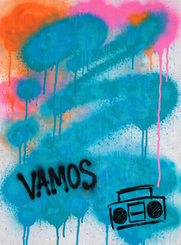 leCUVr1NgOTVey_DJBgq2_89CrRUag.webp Overlapping spray fields of turquoise, sunset orange, purple and hot pink on a plain wall with drips, a boombox drawn in thick black line near the lower edge, and the word VAMOS hand-lettered small and off-centre.