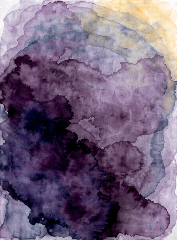 A tall abstract composition of bruised violet and muted plum washes bleeding into warm ochre, with all edges left soft and undefined.