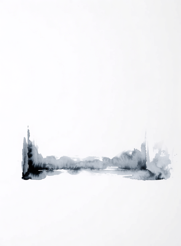 A tall expanse of pale paper with a single soft ink stroke placed low and right of centre, thinning out toward one end.