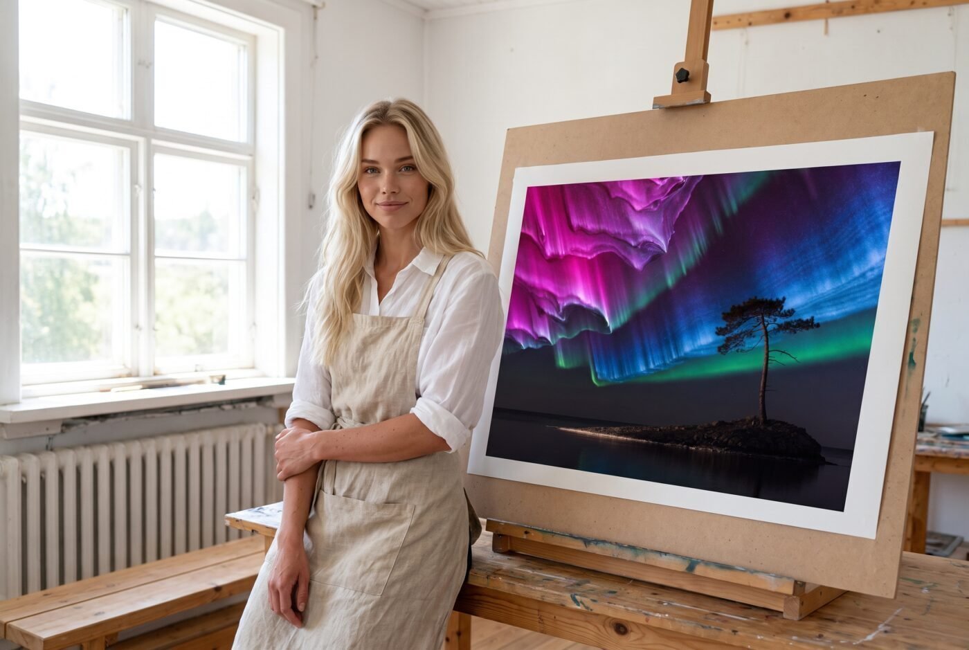 Sofia Larsson with Pine Watching Magenta in the studio