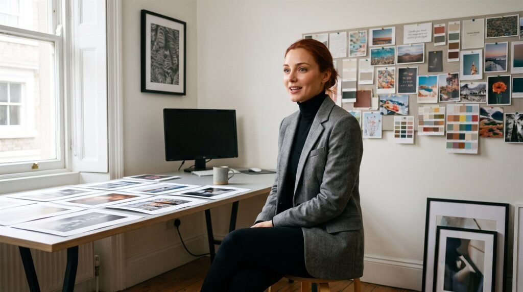 Sophie in the Printasso studio, prints laid out on the table beside her