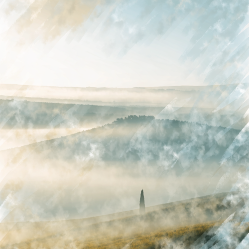 A soft Tuscan landscape in warm ochre and pale gold, with morning haze thinning above a low blue-grey ridge and a single dark cypress at one side.