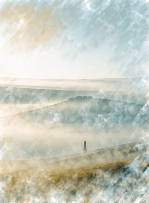 A soft Tuscan landscape in warm ochre and pale gold, with morning haze thinning above a low blue-grey ridge and a single dark cypress at one side.