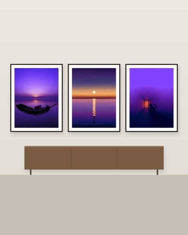 Violet Hours, Set of 3 – Carmen Delacroix | Digital Download Three framed pieces by Carmen Delacroix hung side by side: Violet Hours, Set of 3 - Carmen Delacroix | Digital Download