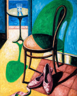 A flat, saturated still life of satin dancing shoes with a green shadow beneath a pushed-back chair, a fan and half-finished glass on the table, and a window onto the sea.