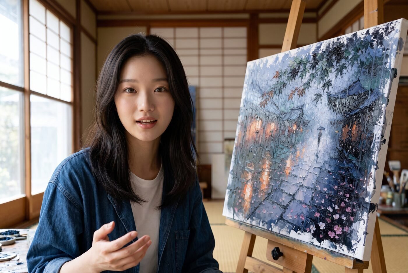 Yuki Tanaka with Petals Falling Through Glass in the studio