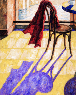 zG6L9tpLp4HdngmJK2CID_x7tn5gFz.webp A red shawl draped over a pushed-back café chair on chrome yellow tiles, with a closed fan and half-finished glass on the table and a cobalt window onto the sea.