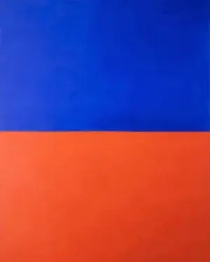 A tall abstract composition of two large flat planes of colour meeting along one clean, precise edge across the frame.