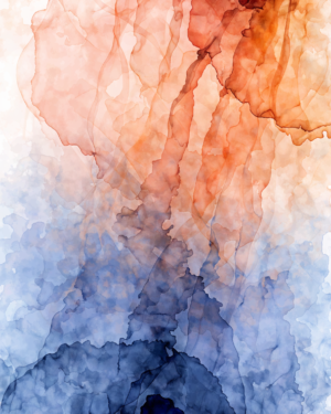 Vertical abstract painting of warm orange and rust washes bleeding downward into a deep indigo field with no hard edge between them.