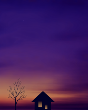 A simple dark house at dusk with two amber-lit windows set in violet and indigo gradients, the windows reading as a pair of eyes.