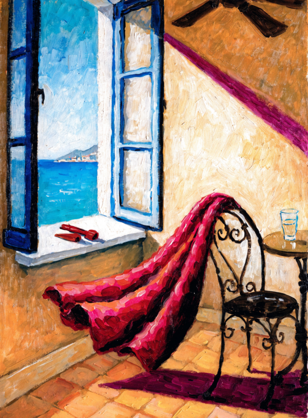 Flat Fauve-style still life of an empty cafe table with a fan, a half-finished glass, a shawl over a rail and castanets on a windowsill above a blue sea, in cadmium red, chrome yellow and cobalt with one long diagonal shadow.