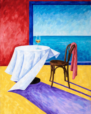 Fauvist still life of an empty cafe table with a white cloth spilling diagonally, a pushed-back chair, a fan, a shawl on a rail and a half-finished glass, with a cobalt window onto the sea.