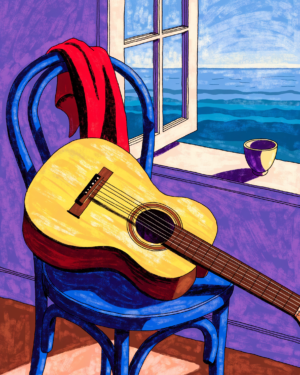 A guitar resting on a pushed-back cafe chair beside an open window onto the sea, with a fan and half-finished glass on the table and a patterned shawl over a rail, painted in flat saturated red, yellow and cobalt.