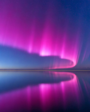 Flowing bands of green, magenta and cold blue aurora above a flat low horizon of still water, reflected below, with pale gold light at the water's edge.