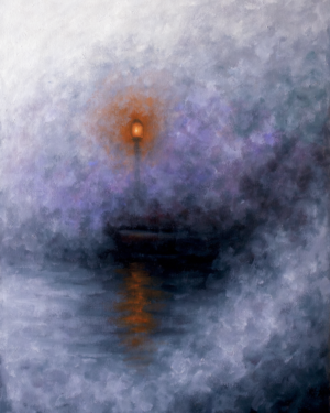 Soft orange and violet washes over dark water with a single amber lamp glowing through dense fog and its reflection below.