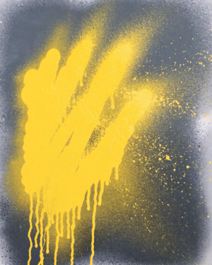Abstract spray-paint work showing a bright yellow burst with orange, magenta and cyan drips across a flat grey ground with speckled edges.