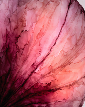 A tall abstract artwork of thin pink, red and violet washes bleeding into one another, with a band of colour running off the top edge and one corner left bare.
