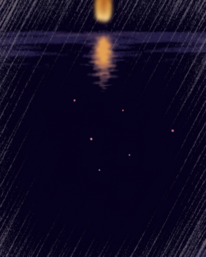 A deep indigo scene of fine diagonal rain with a soft bloom of warm lantern light, pink cherry petals drifting at one edge and a tiny distant umbrella.