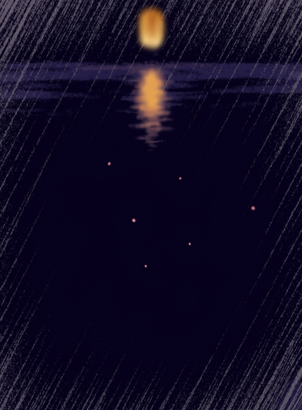 Zd49CVDlW41uDa49ZAeP_vkQ7GXhL.webp A deep indigo scene of fine diagonal rain with a soft bloom of warm lantern light, pink cherry petals drifting at one edge and a tiny distant umbrella.