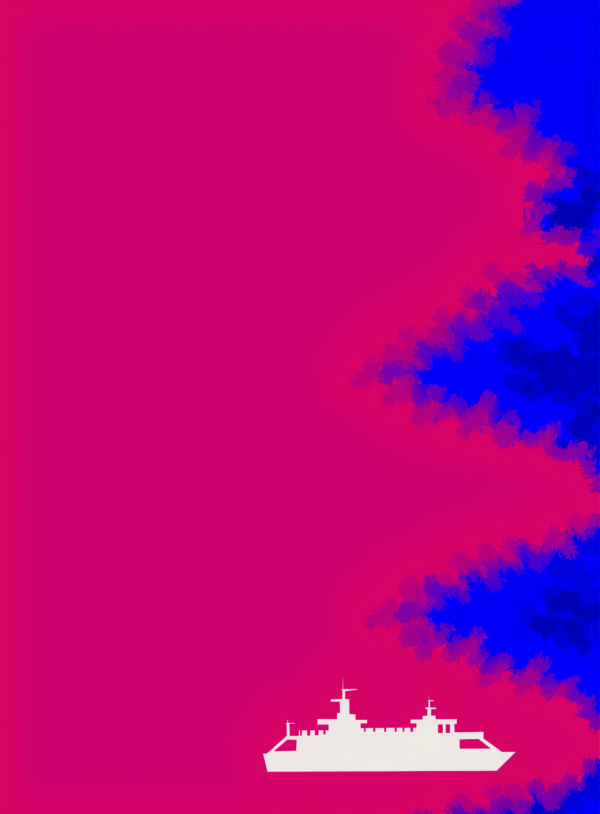 d8rv-mLkFdNaFM_6rUle8_9LaOgvAF.webp A tall magenta colour field with a loose cobalt blue bloom entering from one edge and a single white rectangle representing a ferry.