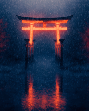 A torii gate rendered as a soft band of orange glow in deep indigo mist, with fine diagonal rain, wet vertical light reflections and a small distant umbrella.