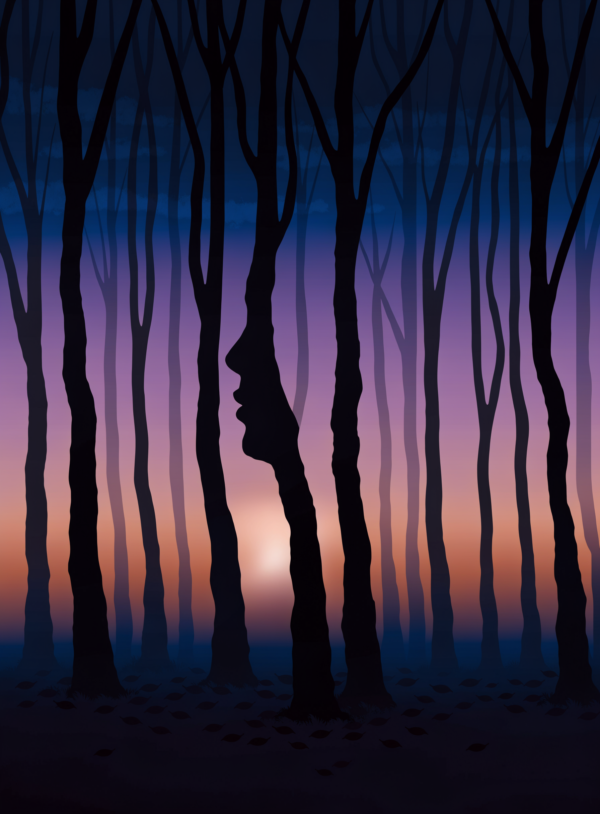 iNzCUgfxTbcnnSeeRw0O9_EKNuFYQW.webp Flat silhouettes of birch trunks against a violet and amber dusk gradient, with a single soft glow low behind the trees and a face profile formed by the dark gaps between the trunks.