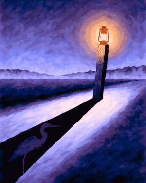 A lit lantern on a post at dusk against a violet and indigo sky, with the shadow on the ground shaped like a standing heron.