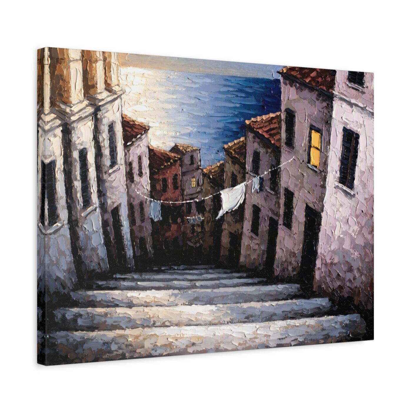 Steps Cooling Down: why I paint harbour towns after dark by Marco Bellini, shown in a room