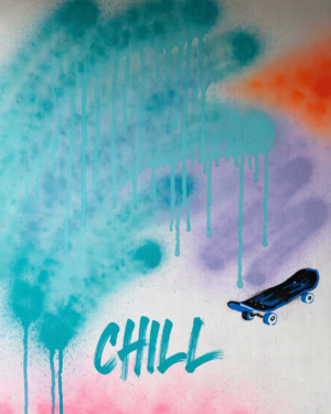 z0EtLT3klHgn2yl5BL4JB_NpfgRp44.webp Soft overlapping spray fields of turquoise, sunset orange, purple and hot pink with drips on a plain wall, a thick brush-line cartoon skateboard near one edge and the word CHILL hand-lettered small and low to the left.